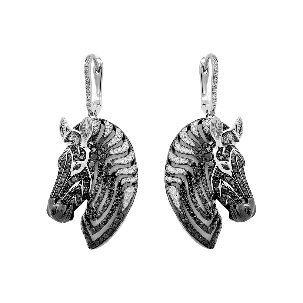 18KT White Gold Zebra Earrings with Tsavorite & Black/White Diamonds