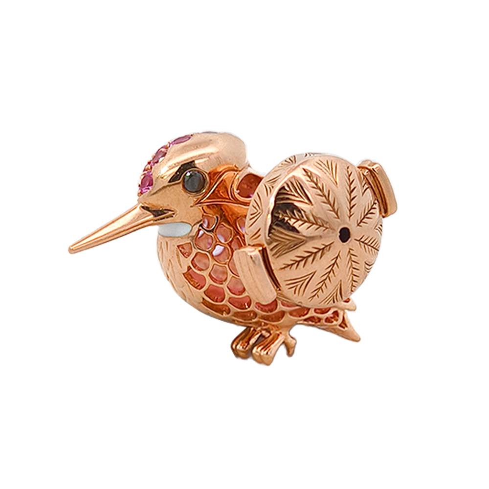 18KT Rose Gold Breeze Kingfisher Brooch with Pink Sapphires, Diamonds & Enamel