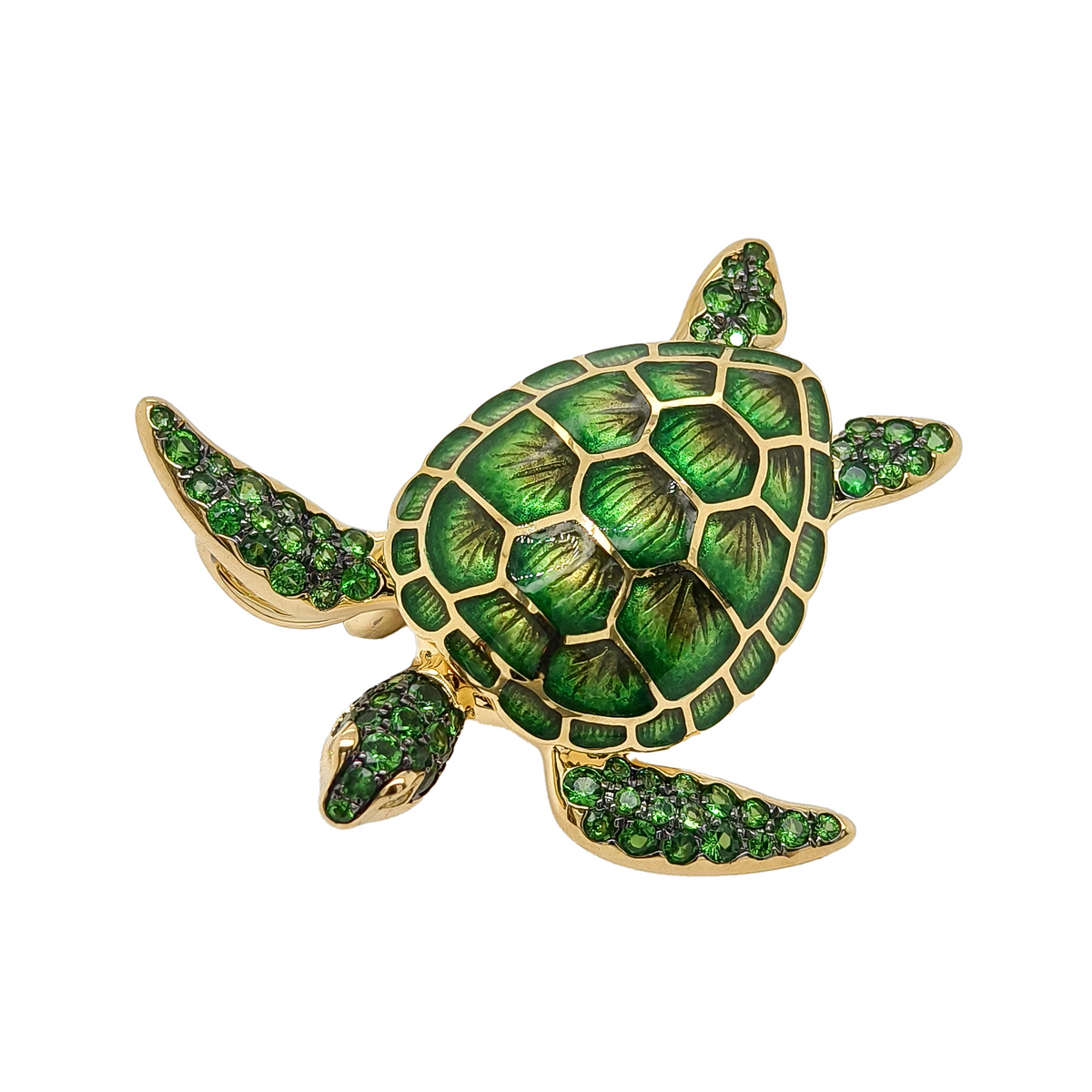 18KT Yellow Gold with Enamel, Tsavorite & Yellow Diamond Turtle Brooch / Pendant