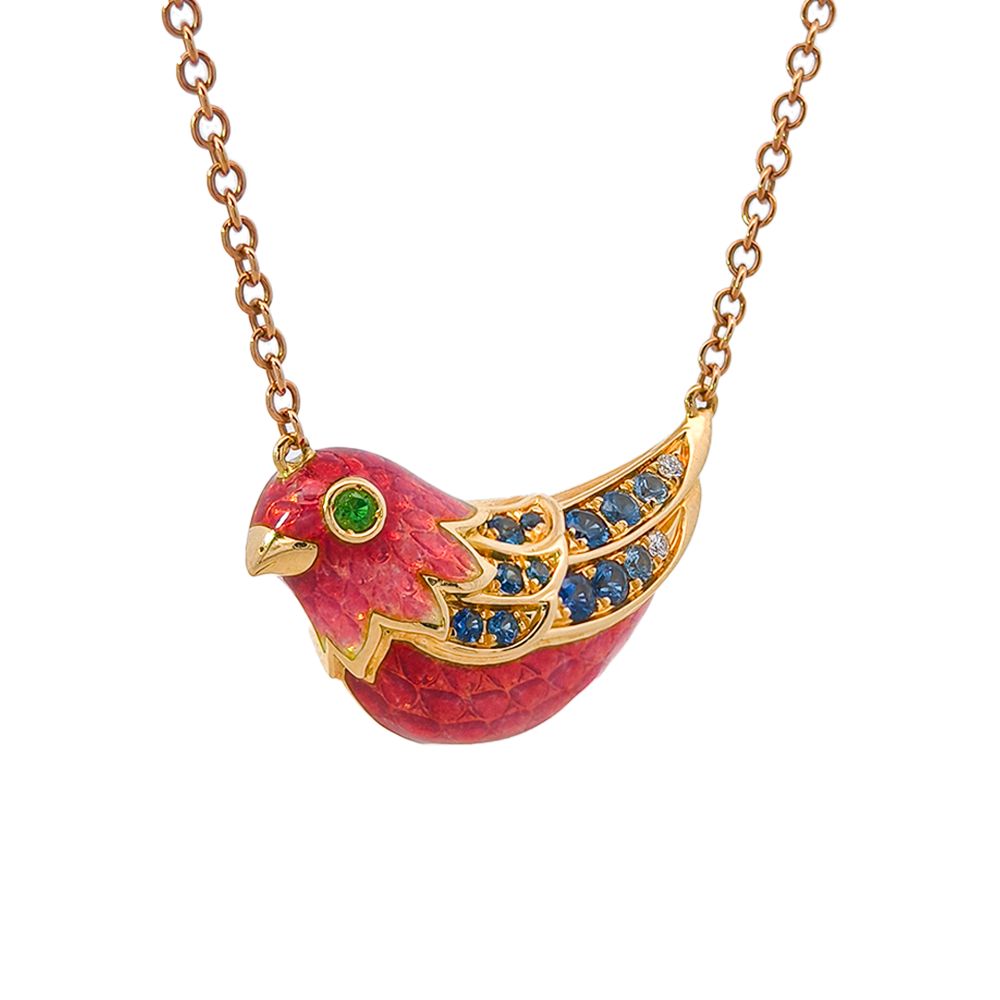 18KT Rose & Yellow Gold Bloom Necklace with Enamel, Sapphires, Tsavorite & Diamonds