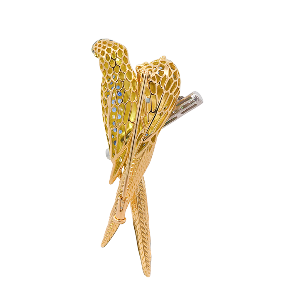 18K White & Yellow Gold Duet Parrots Brooch with Sapphires, Tsavorites, Diamonds & Enamel