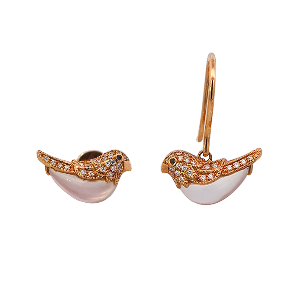 18KT Rose Gold Pink Chalcedony, Black Diamond & Diamond Earrings