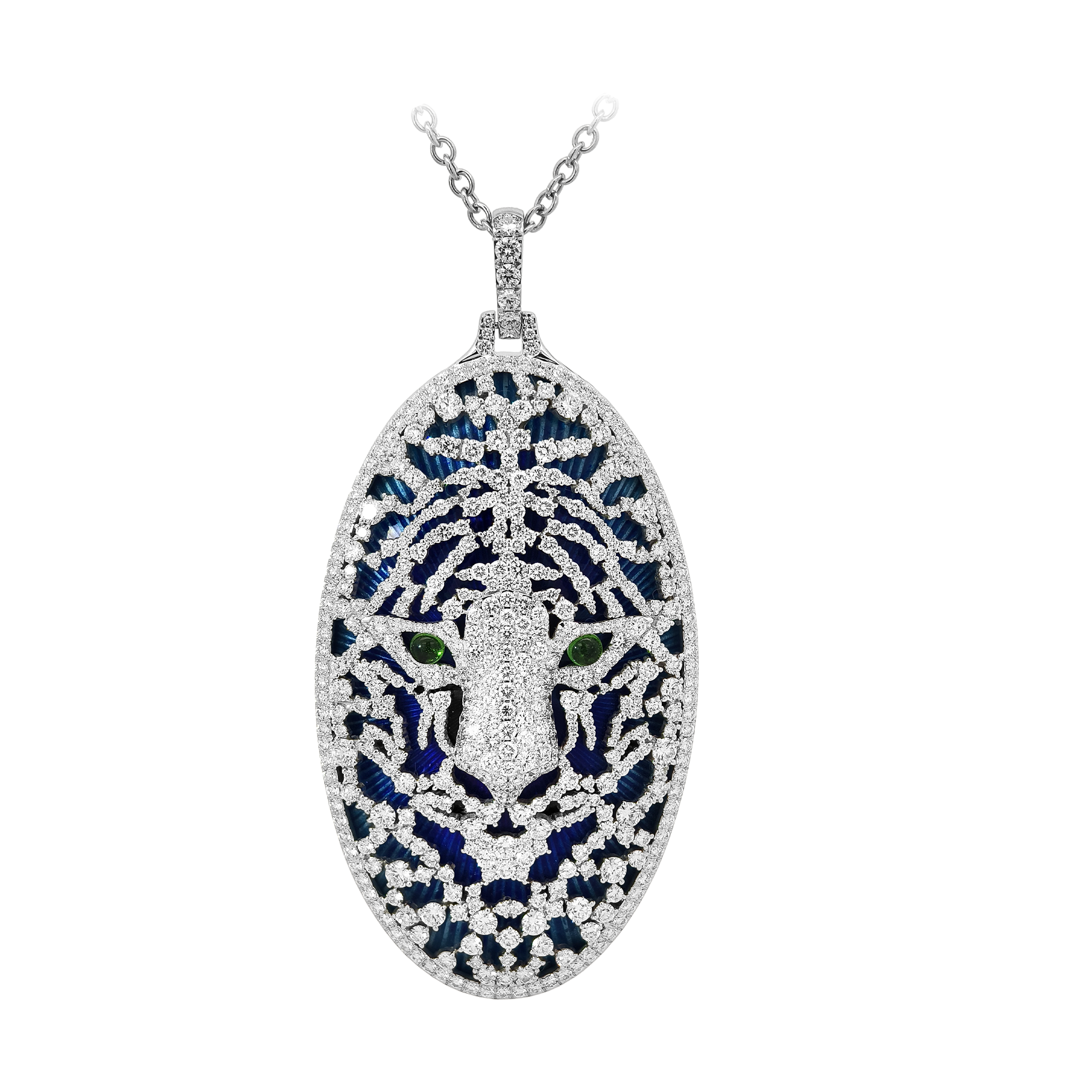 18KT White Gold & Sterling Silver Enamel, Tsavorite & Diamond Tiger Pendant
