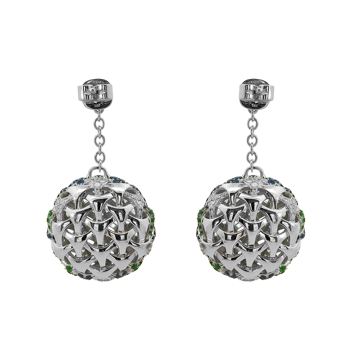 18KT White Gold Tsavorite & Sapphire & Diamond Earrings