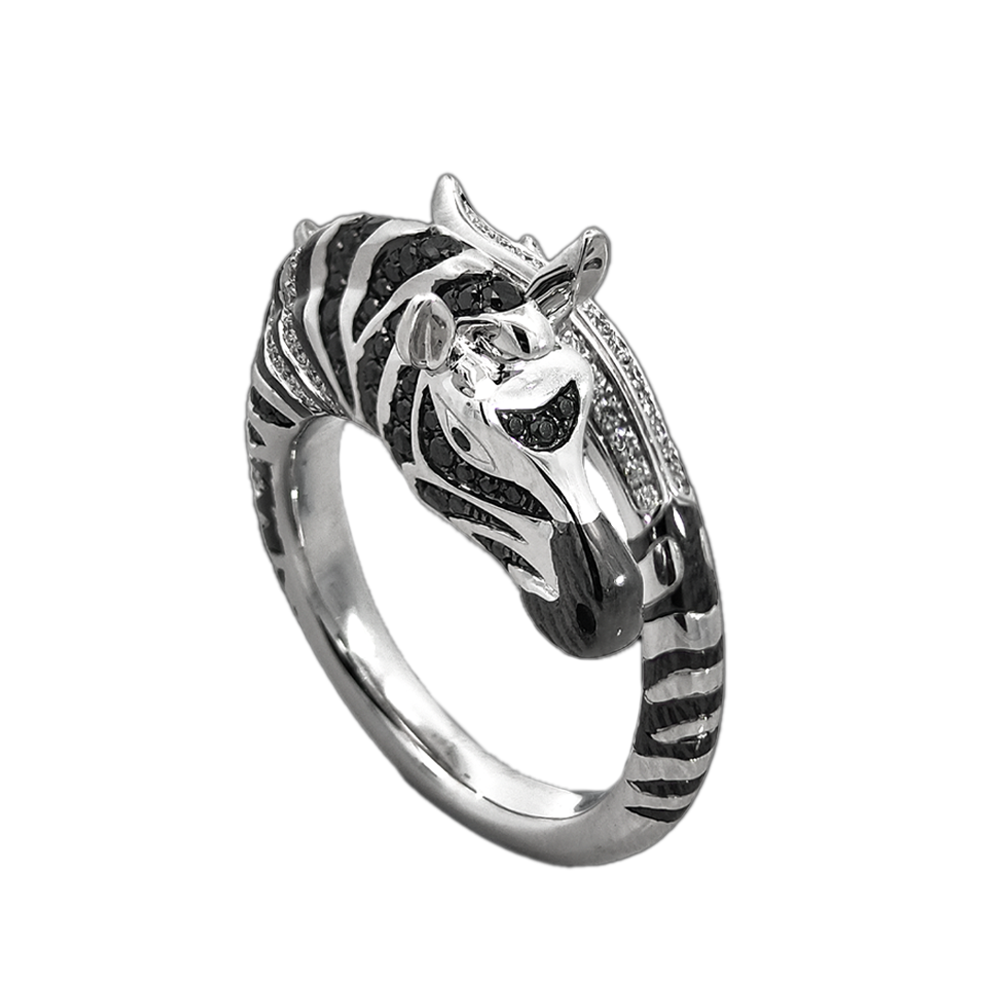 18KT White Gold Zebra Ring with Tsavorite & Black/White Diamonds
