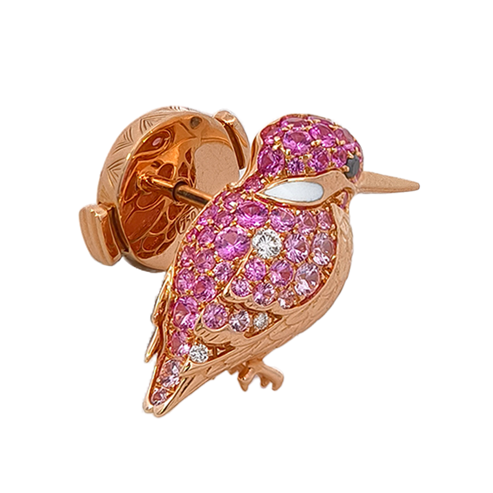18KT Rose Gold Breeze Kingfisher Brooch with Pink Sapphires, Diamonds & Enamel