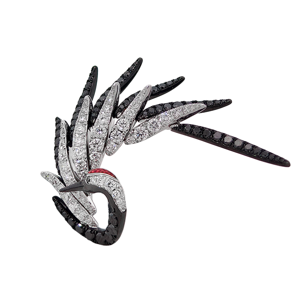 18KT White Aether Red-crowned Crane Brooch with Enamel & Diamonds