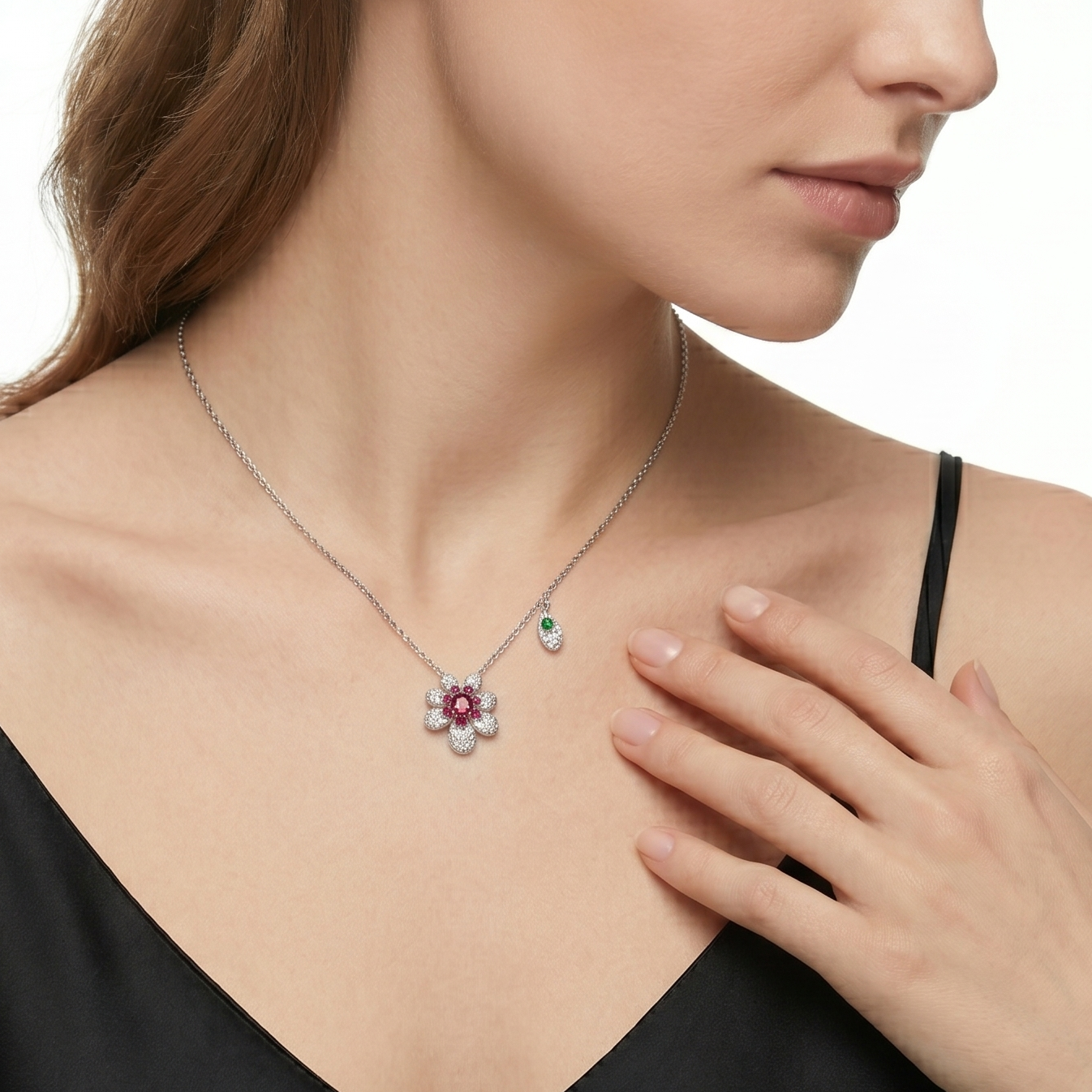 18KT White Gold Ruby, Tsavorite & Diamond Flower Necklace