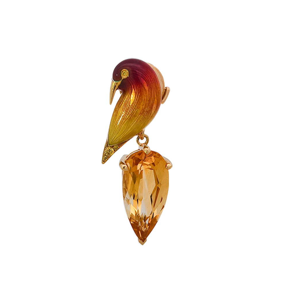 18KT Yellow Gold Enamel, Citrine & Yellow Diamond Brooch
