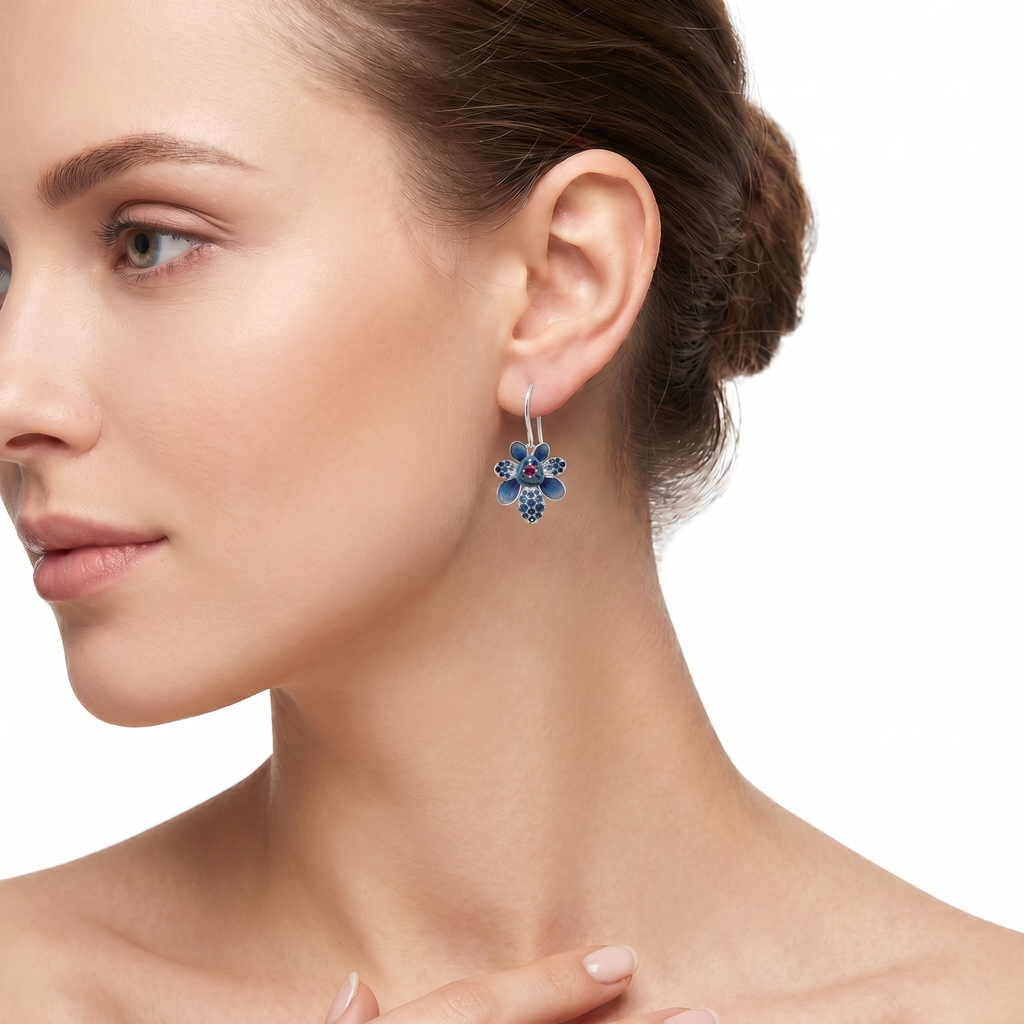 18KT White Gold Ruby, Sapphire & Crystal Enamel Diamond Earrings