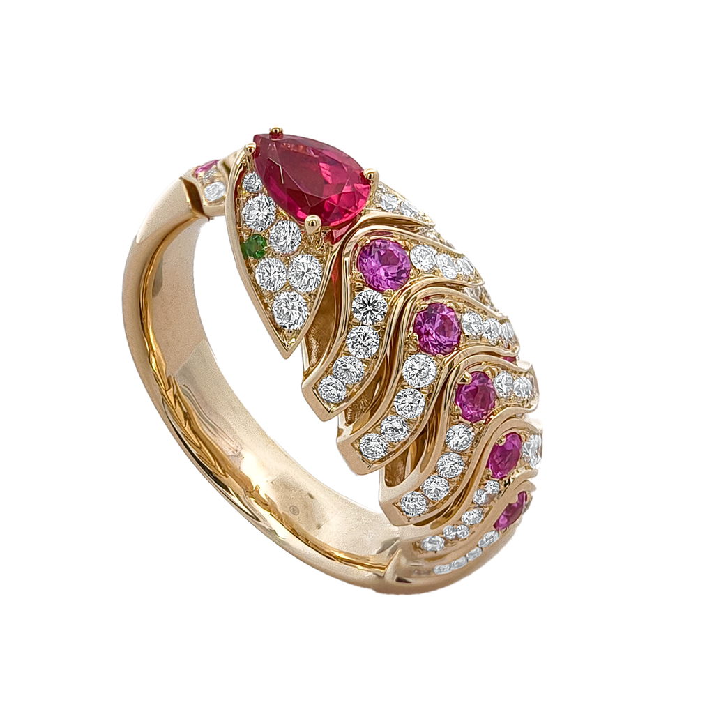 18K Yellow Gold & Black Rhodium, Pink Tourmaline, Pink Sapphire, Tsavorite & Diamond Ring