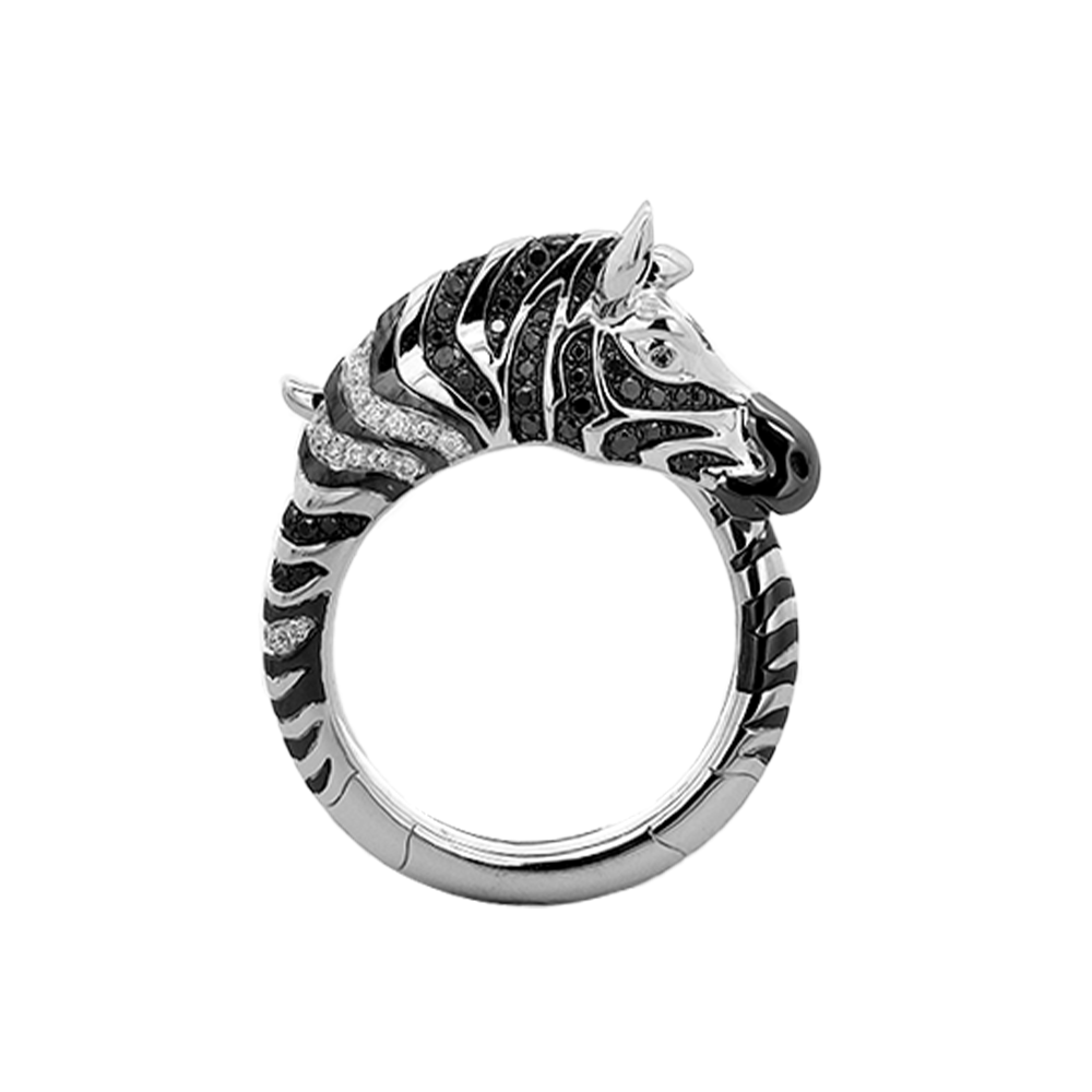 18KT White Gold Zebra Ring with Tsavorite & Black/White Diamonds