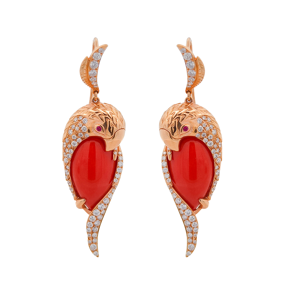 18KT Rose Gold Tropic Parrot Earrings with Red Coral, Ruby & Diamonds