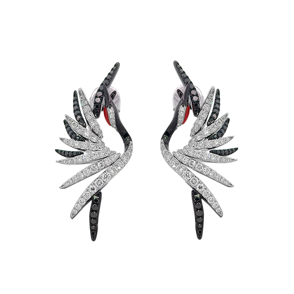 18KT White Gold Aether Red-crowned Crane Earrings with Red Coral & Diamonds