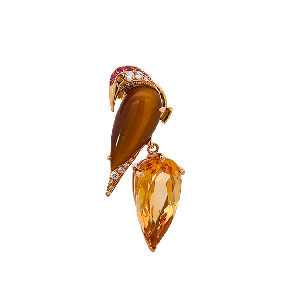 18KT Rose Gold Ruby, Tiger's Eye, Citrine, Yellow Diamond & Diamond Brooch