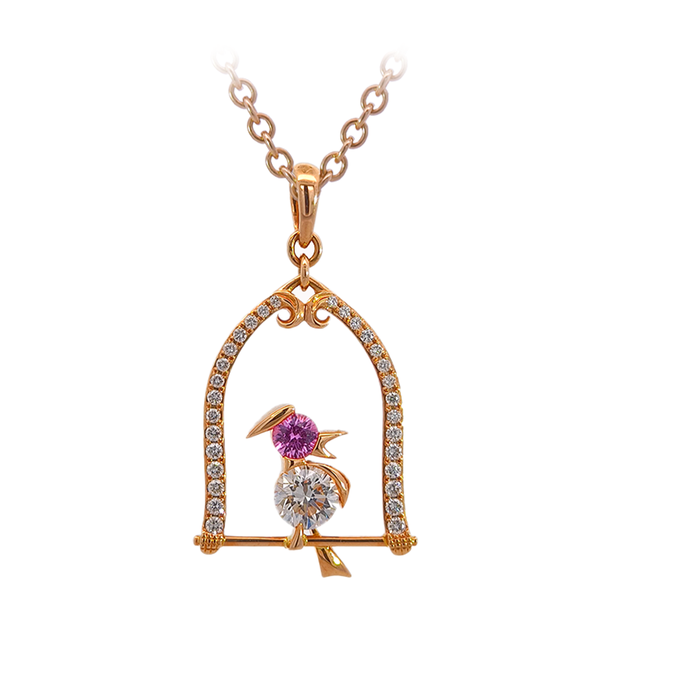 18KT Rose Gold Nestle Bird-in-Nest Pendant with Pink Sapphires & Diamonds