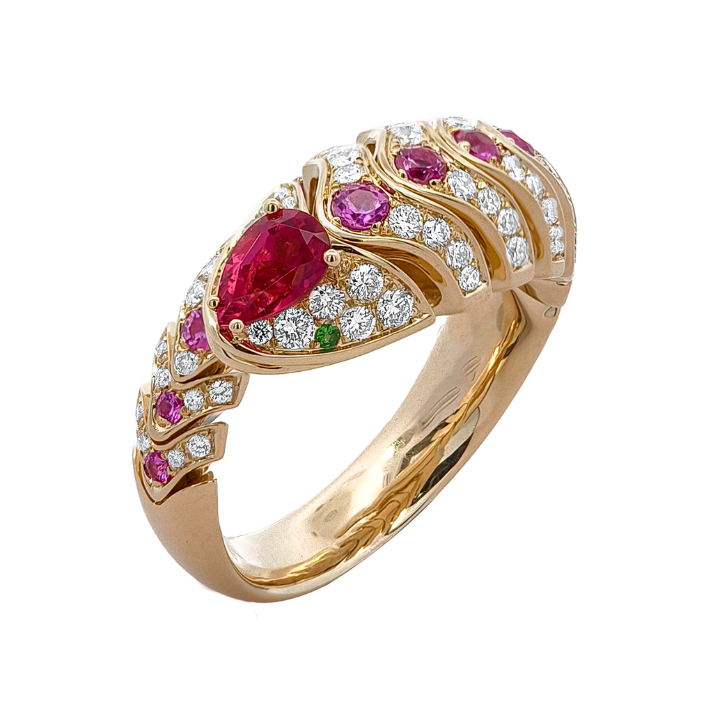 18K Yellow Gold & Black Rhodium, Pink Tourmaline, Pink Sapphire, Tsavorite & Diamond Ring
