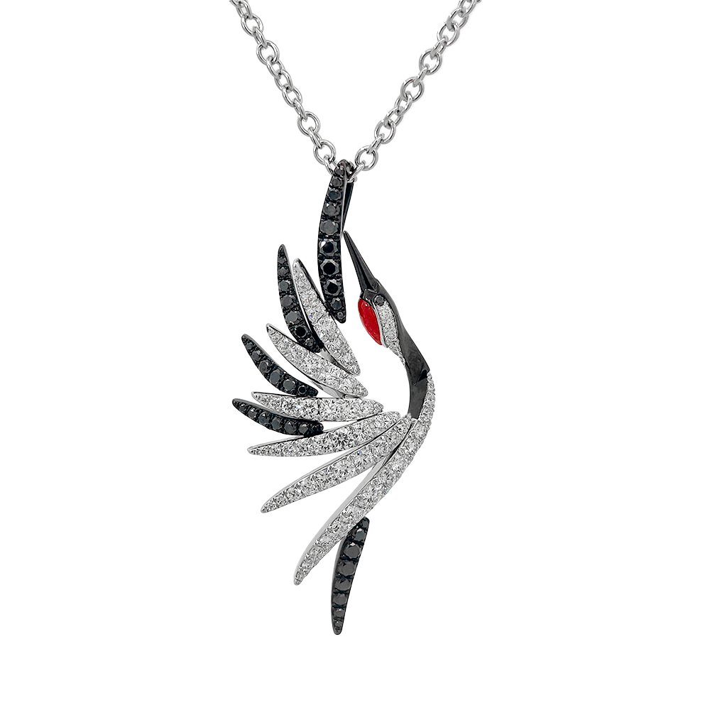 18KT White Gold Aether Red-crowned Crane Pendant with Red Coral & Diamonds