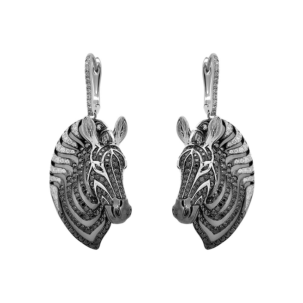 18KT White Gold Zebra Earrings with Tsavorite & Black/White Diamonds