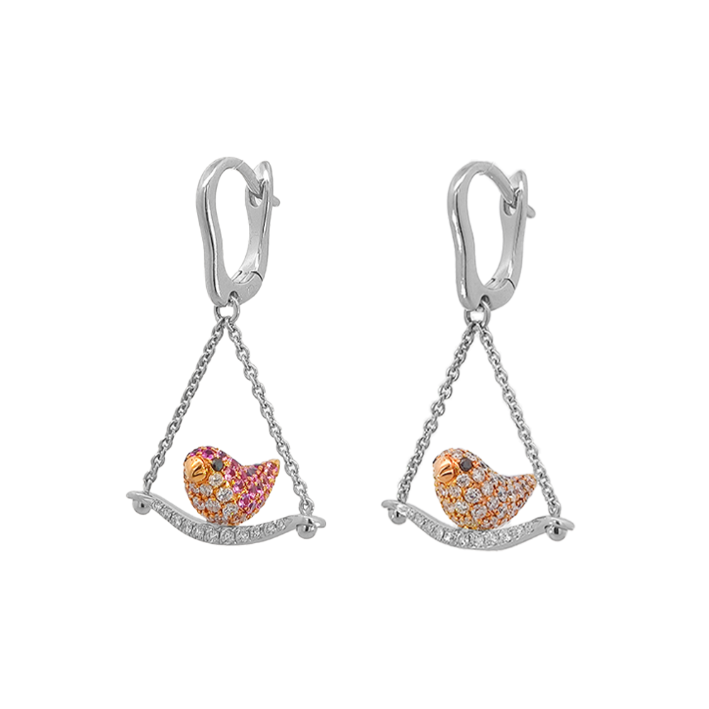 18KT White Gold Duet Earrings with Ruby, Pink Sapphire & Diamonds