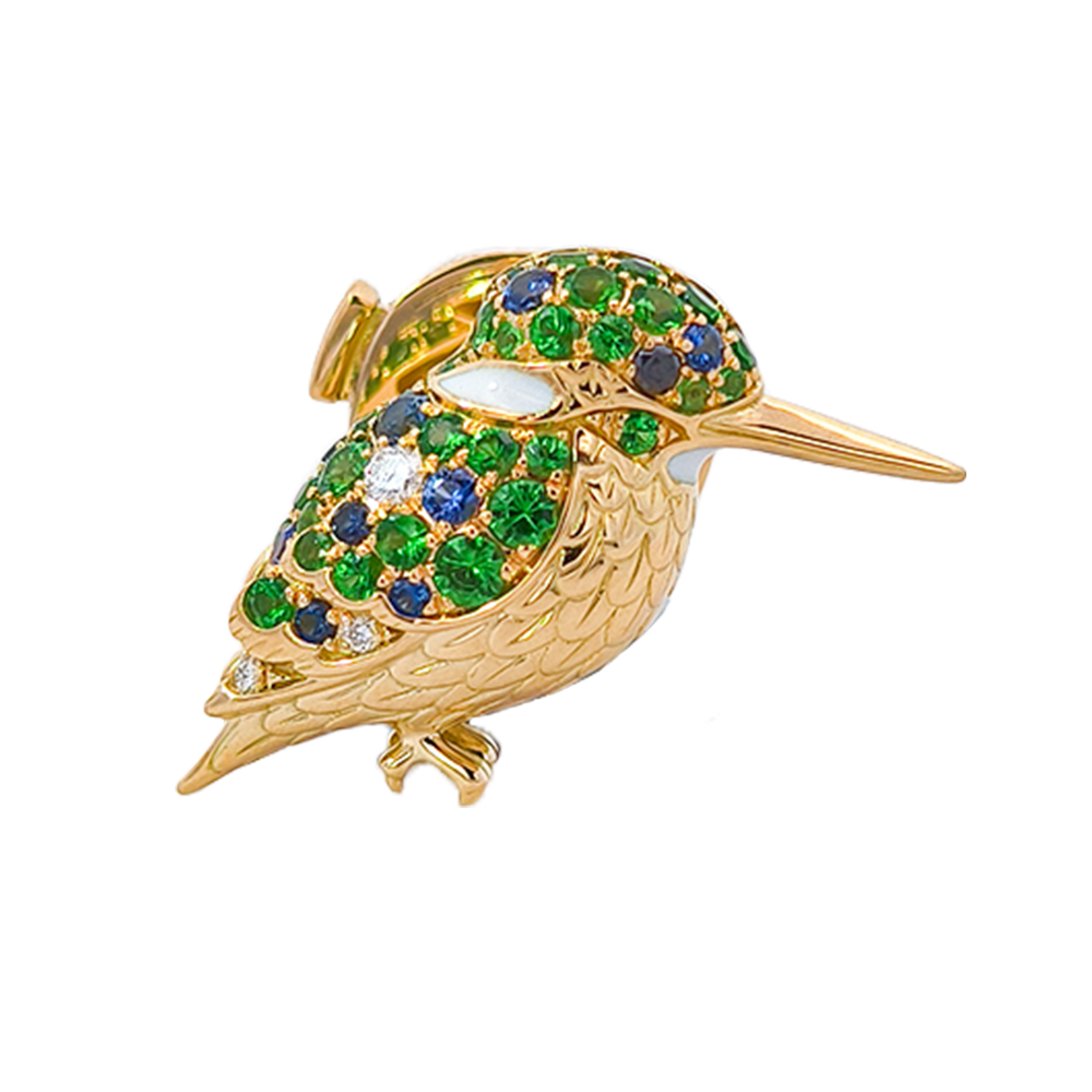 18KT Yellow Gold Breeze Kingfisher Brooch with Tsavorites, Sapphires & Diamonds