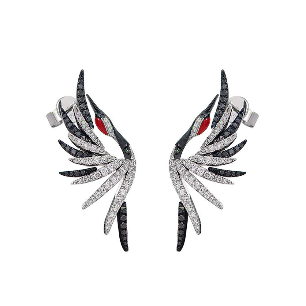 18KT White Gold Aether Red-crowned Crane Earrings with Red Coral & Diamonds