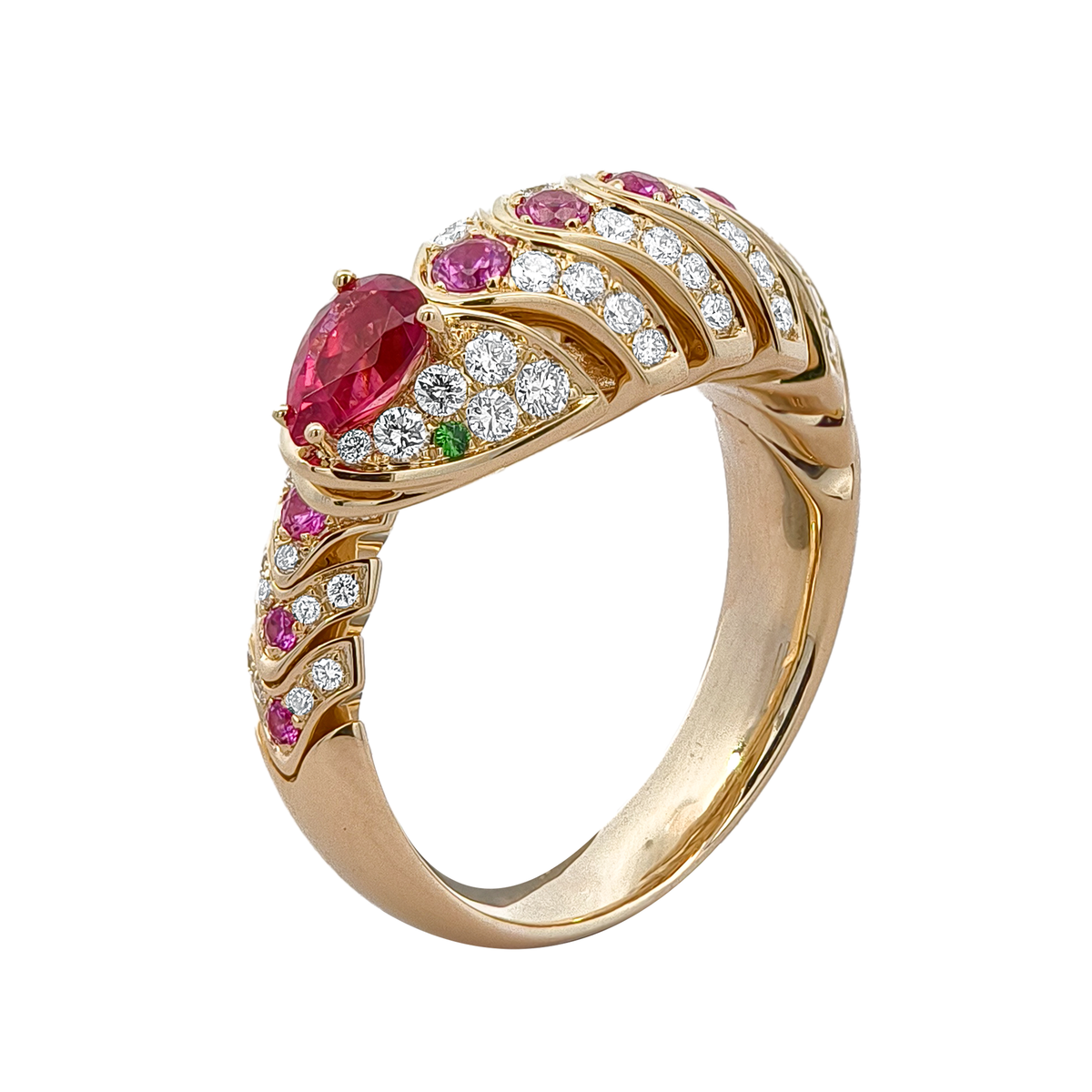 18K Yellow Gold & Black Rhodium, Pink Tourmaline, Pink Sapphire, Tsavorite & Diamond Ring