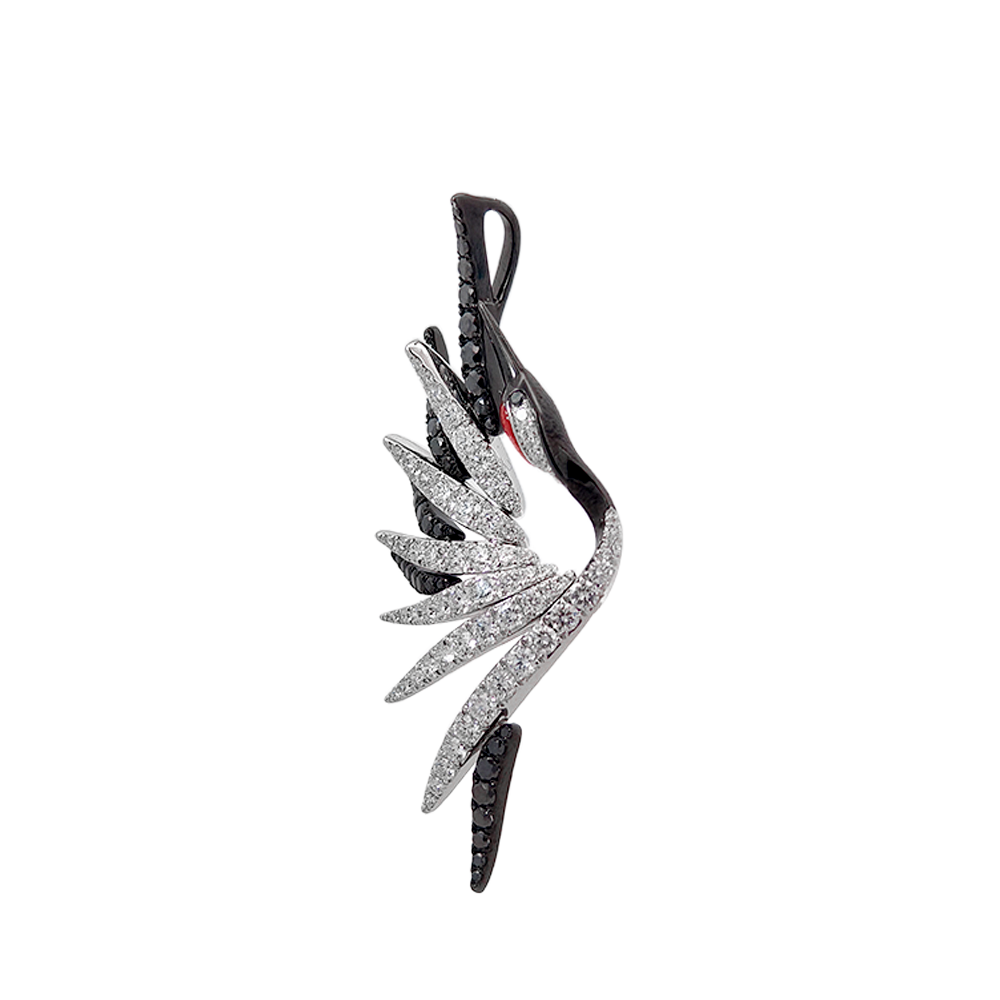 18KT White Gold Aether Red-crowned Crane Pendant with Red Coral & Diamonds