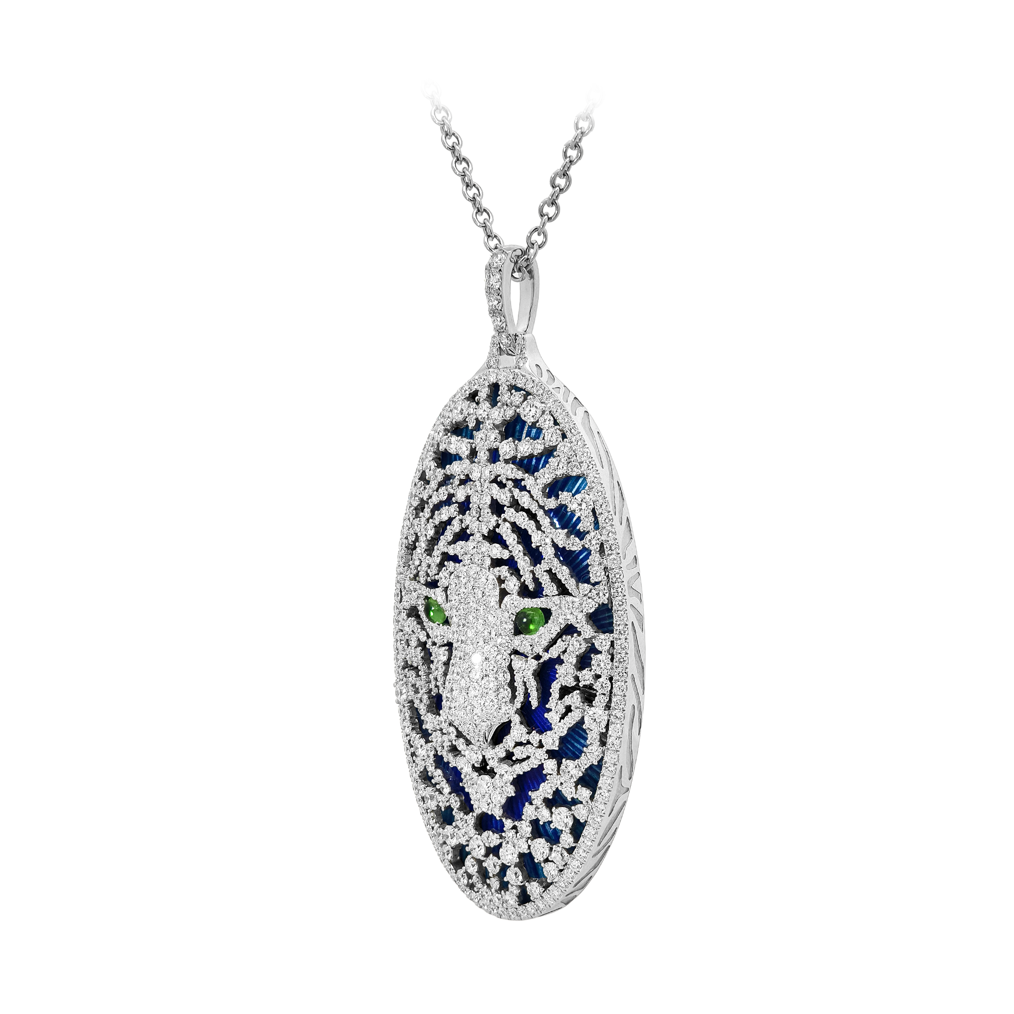 18KT White Gold & Sterling Silver Enamel, Tsavorite & Diamond Tiger Pendant