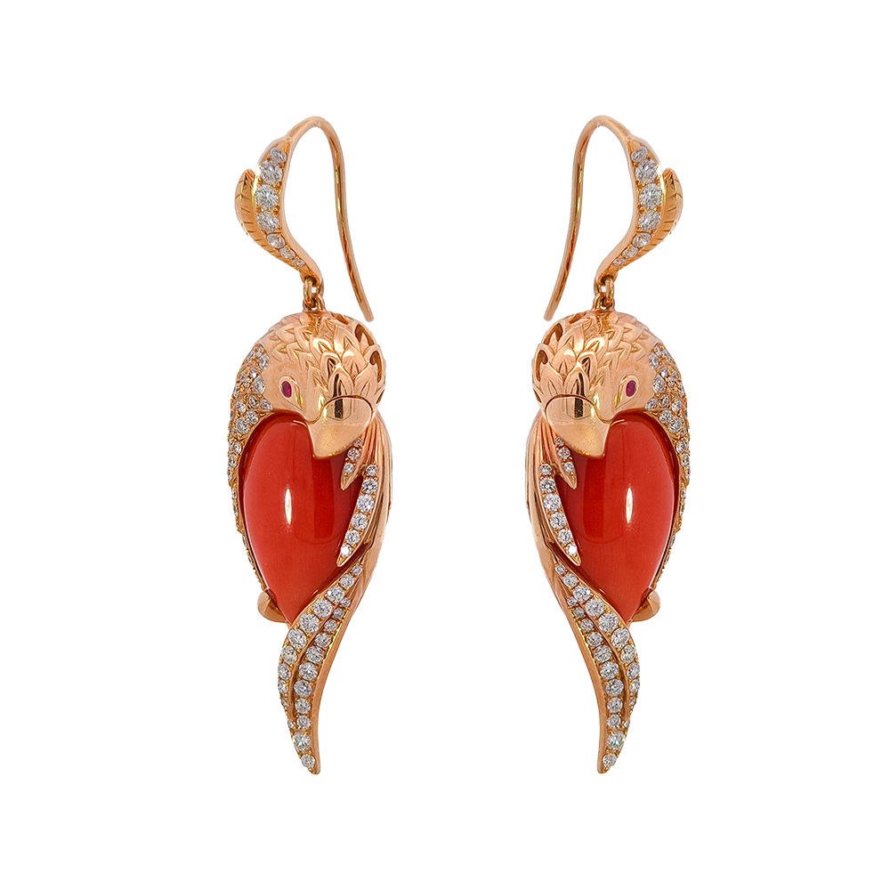 18KT Rose Gold Tropic Parrot Earrings with Red Coral, Ruby & Diamonds
