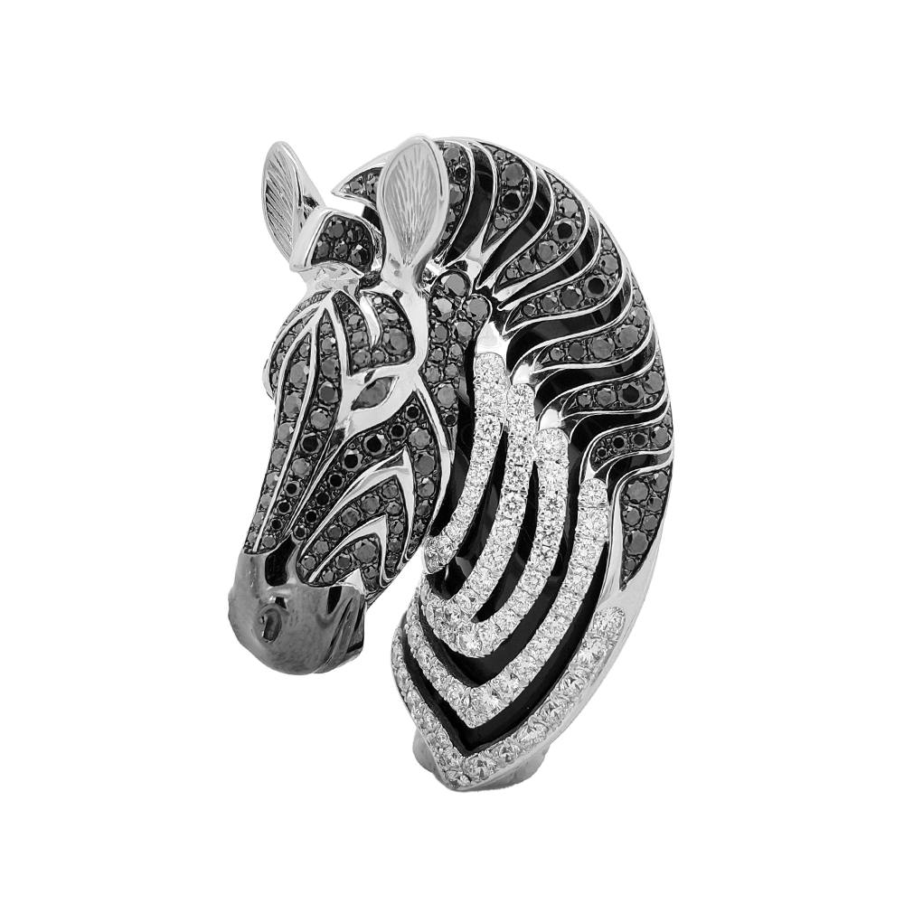 18KT White Gold Zebra Brooch with Onyx & Black/White Diamonds