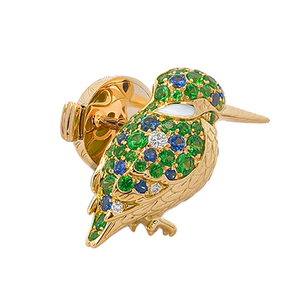18KT Yellow Gold Breeze Kingfisher Brooch with Tsavorites, Sapphires & Diamonds