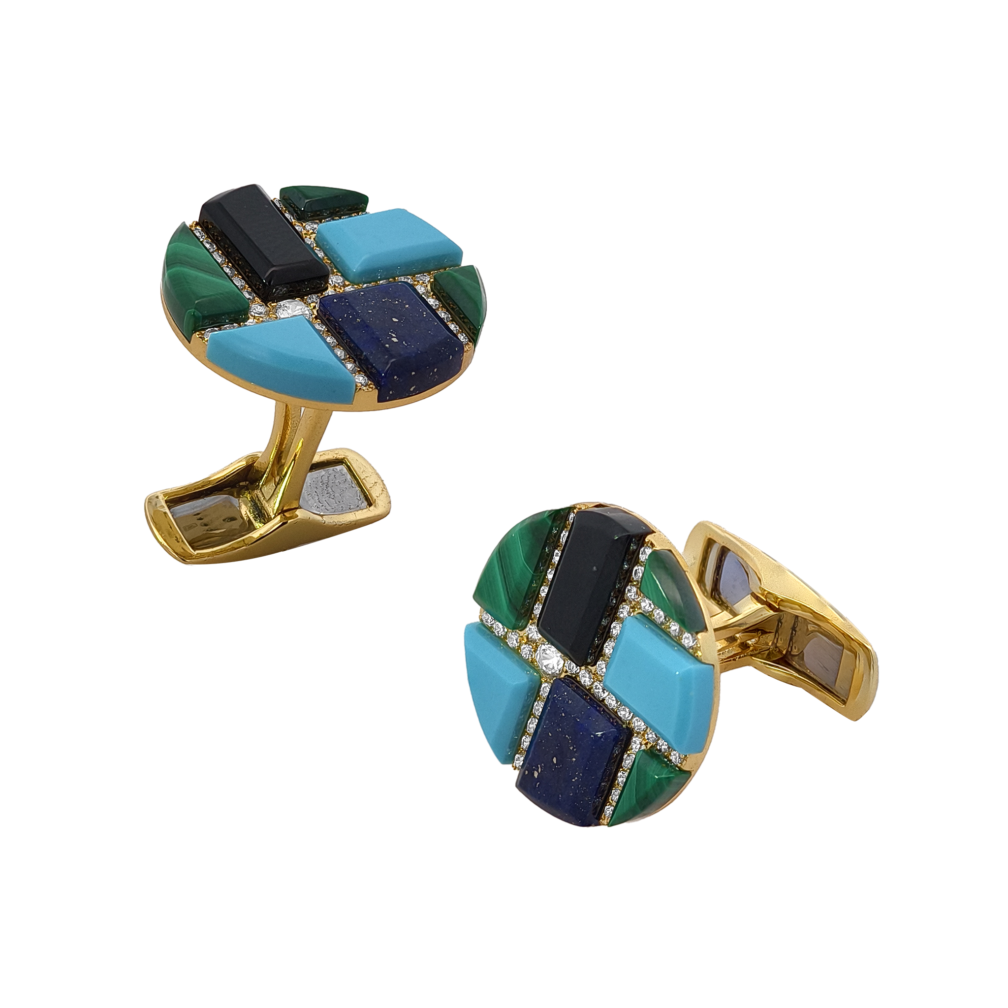 Onyx, White MOP, Malachite,Tiger's Eye, Red Jade, Lapis, Turquoise &  Diamond Cufflinks