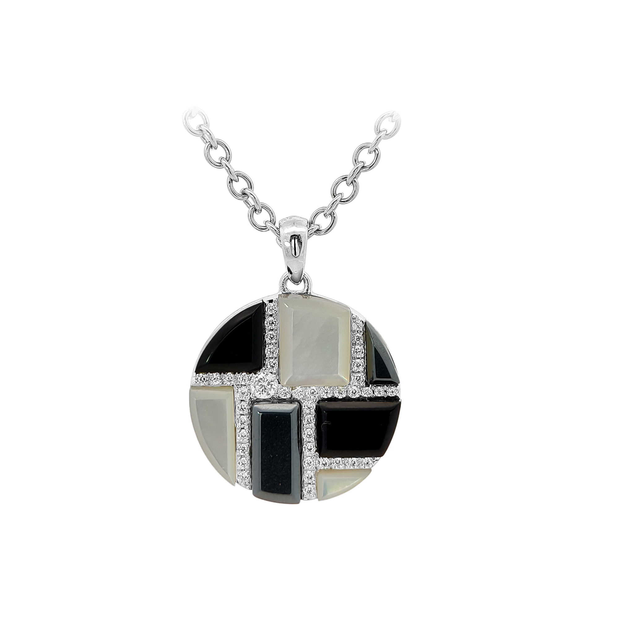 Onyx, Hematite, White MOP & Diamond Pendant