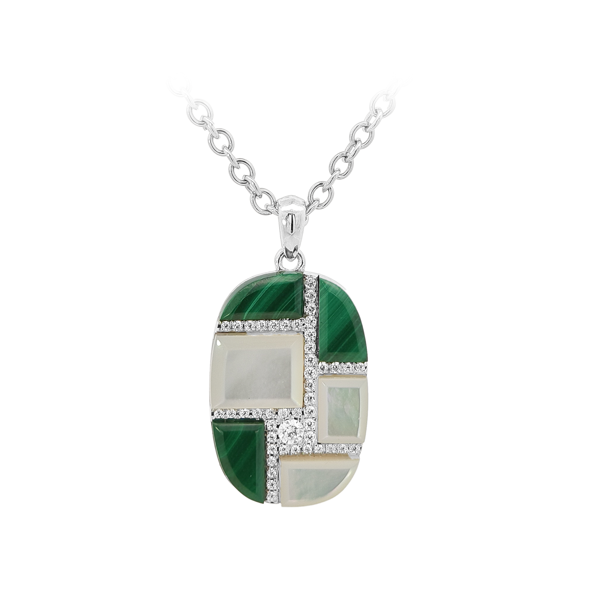 White MOP, Malachite & Diamond Pendant