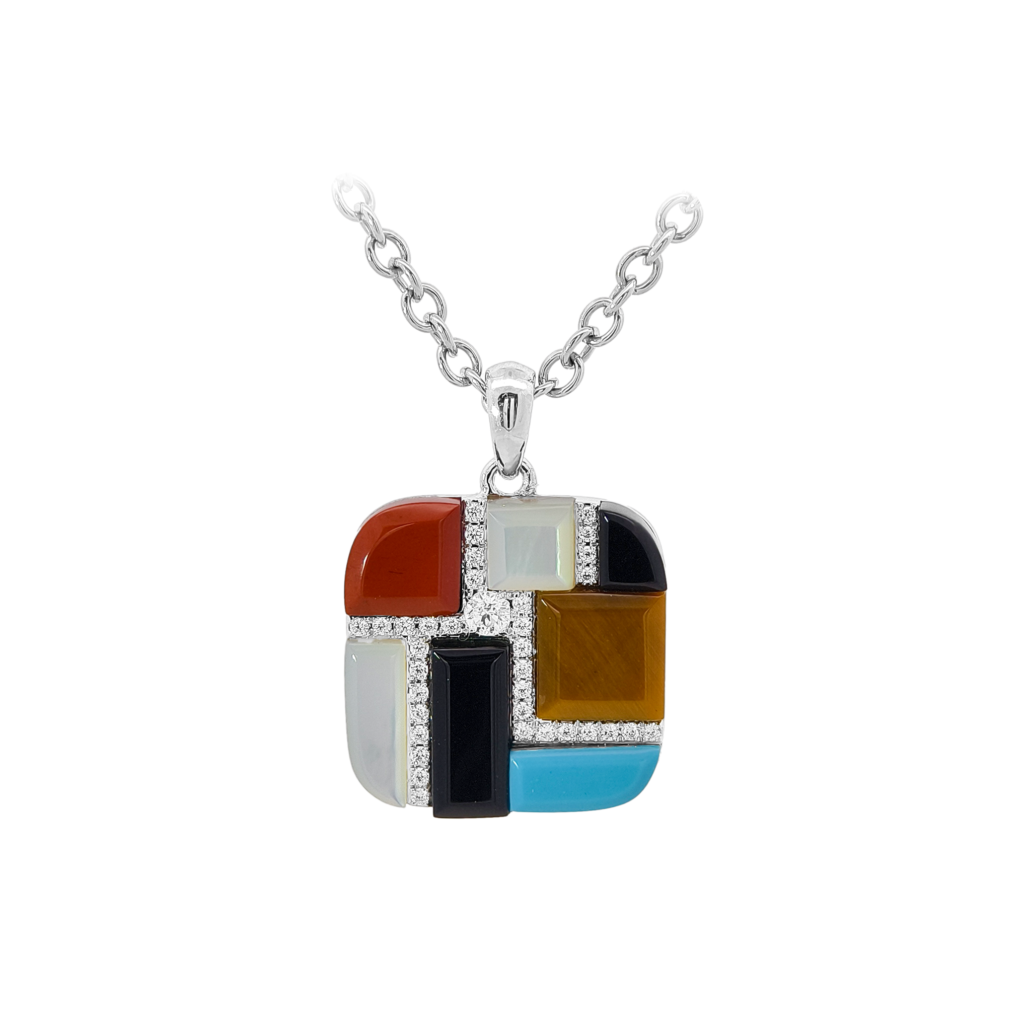 Onyx, White MOP, Tiger's Eye, Red Jade,Turquoise & Diamond Pendant