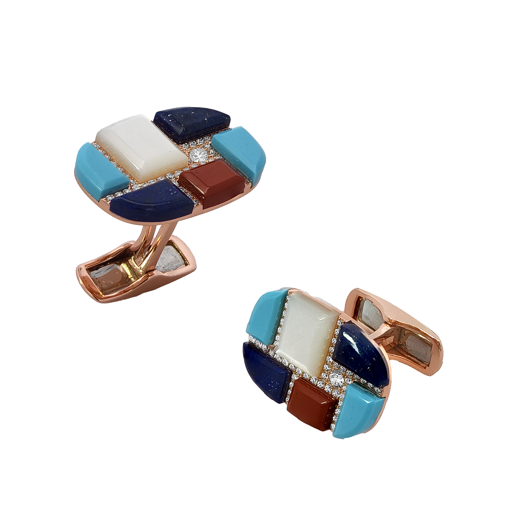Onyx, White MOP, Malachite, Red Jade, Lapis, Turquoise & Diamond Cufflinks