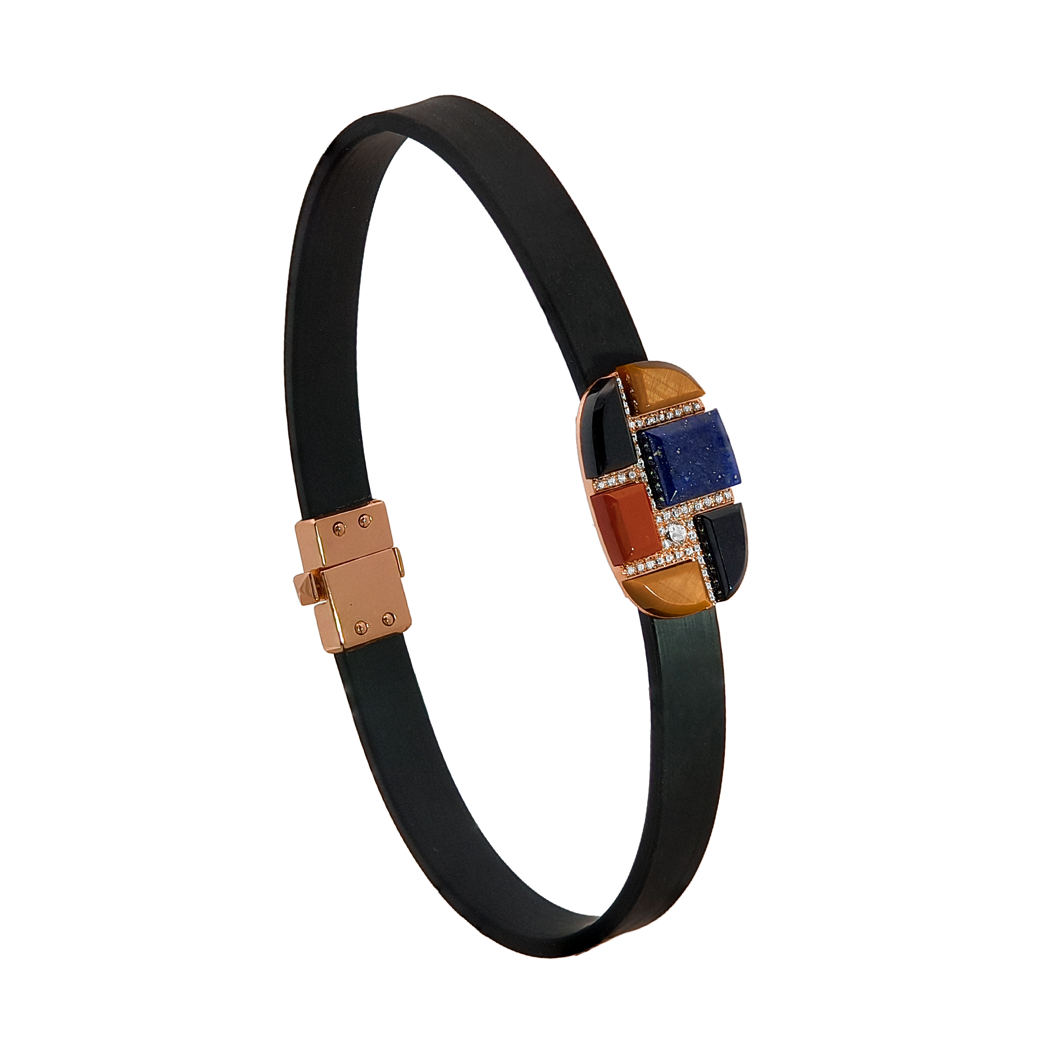 Gold Onyx, Tiger's Eye, Red Jade, Lapis & Diamond Bracelet