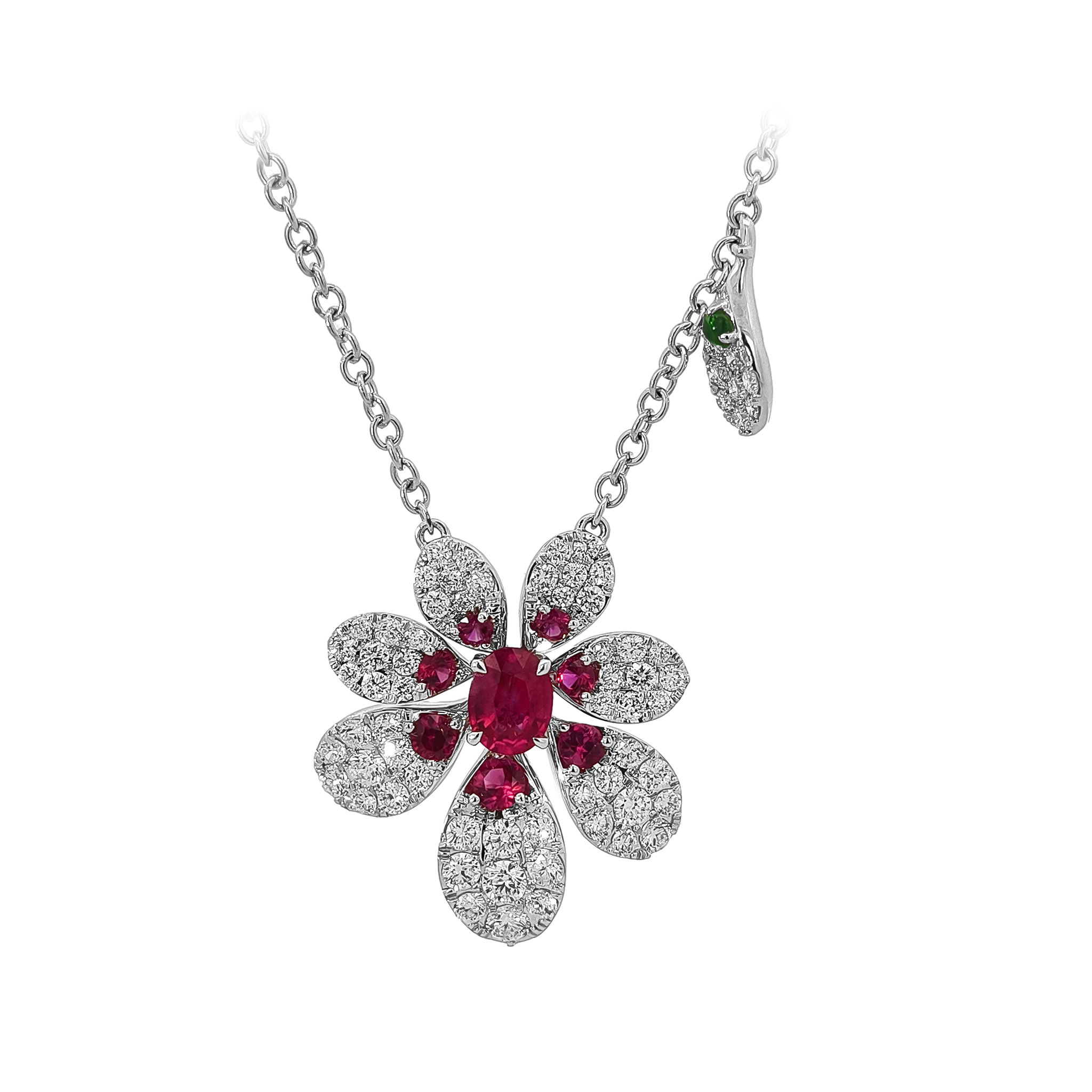18KT White Gold Ruby, Tsavorite & Diamond Flower Necklace