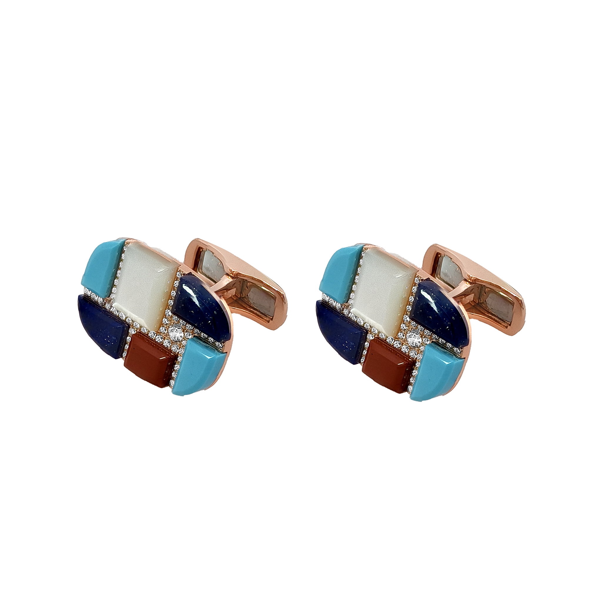 Onyx, White MOP, Malachite, Red Jade, Lapis, Turquoise & Diamond Cufflinks