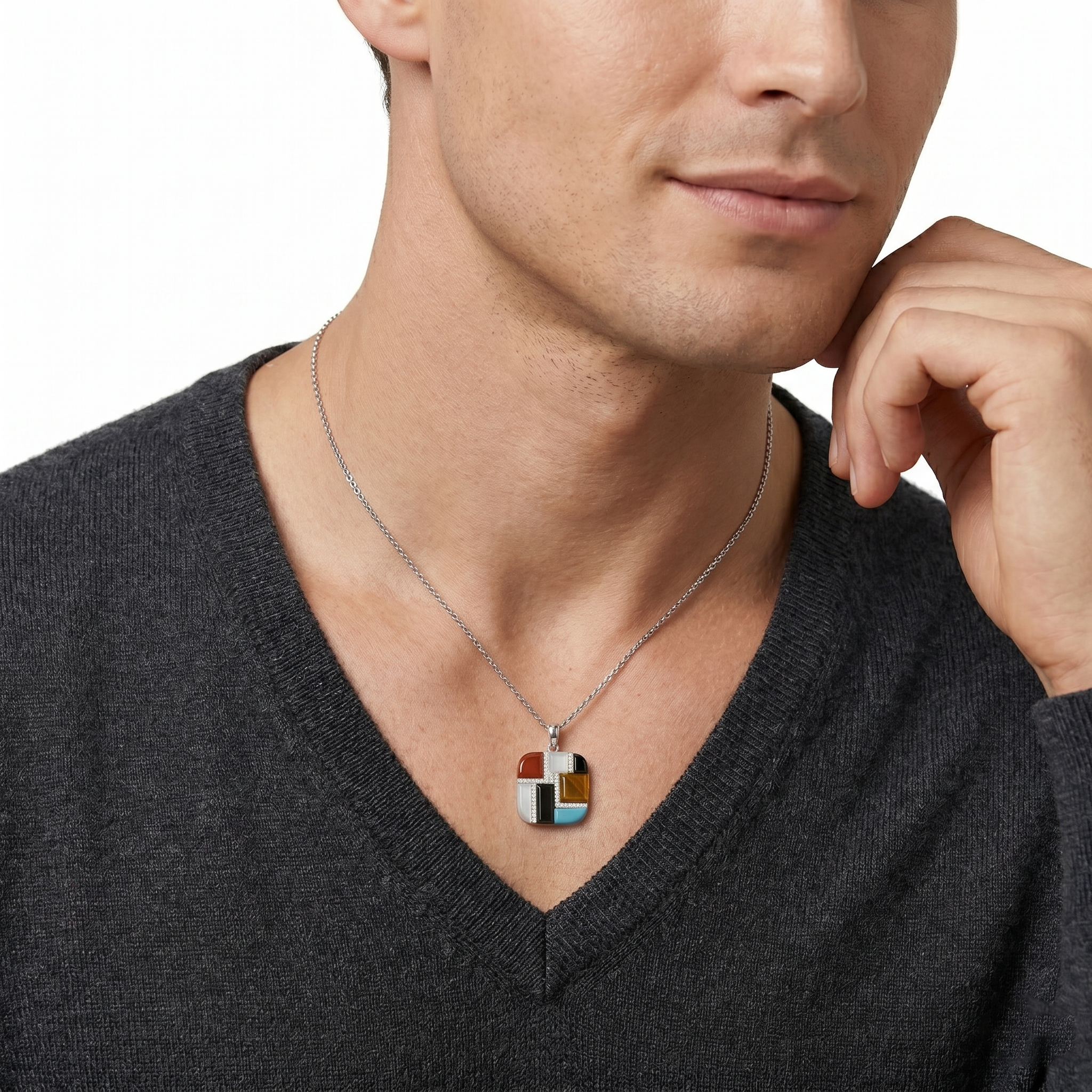 Onyx, White MOP, Tiger's Eye, Red Jade,Turquoise & Diamond Pendant