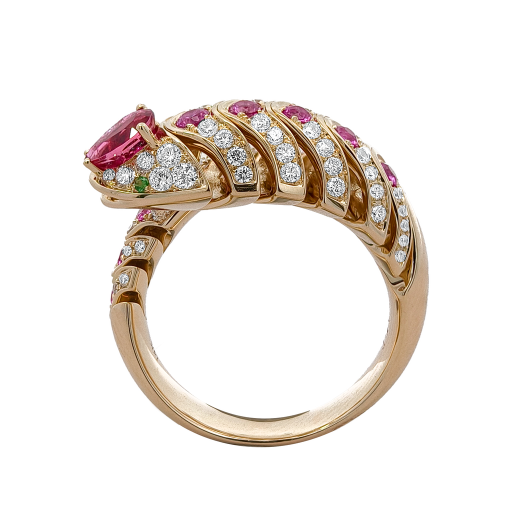 18K Yellow Gold & Black Rhodium, Pink Tourmaline, Pink Sapphire, Tsavorite & Diamond Ring
