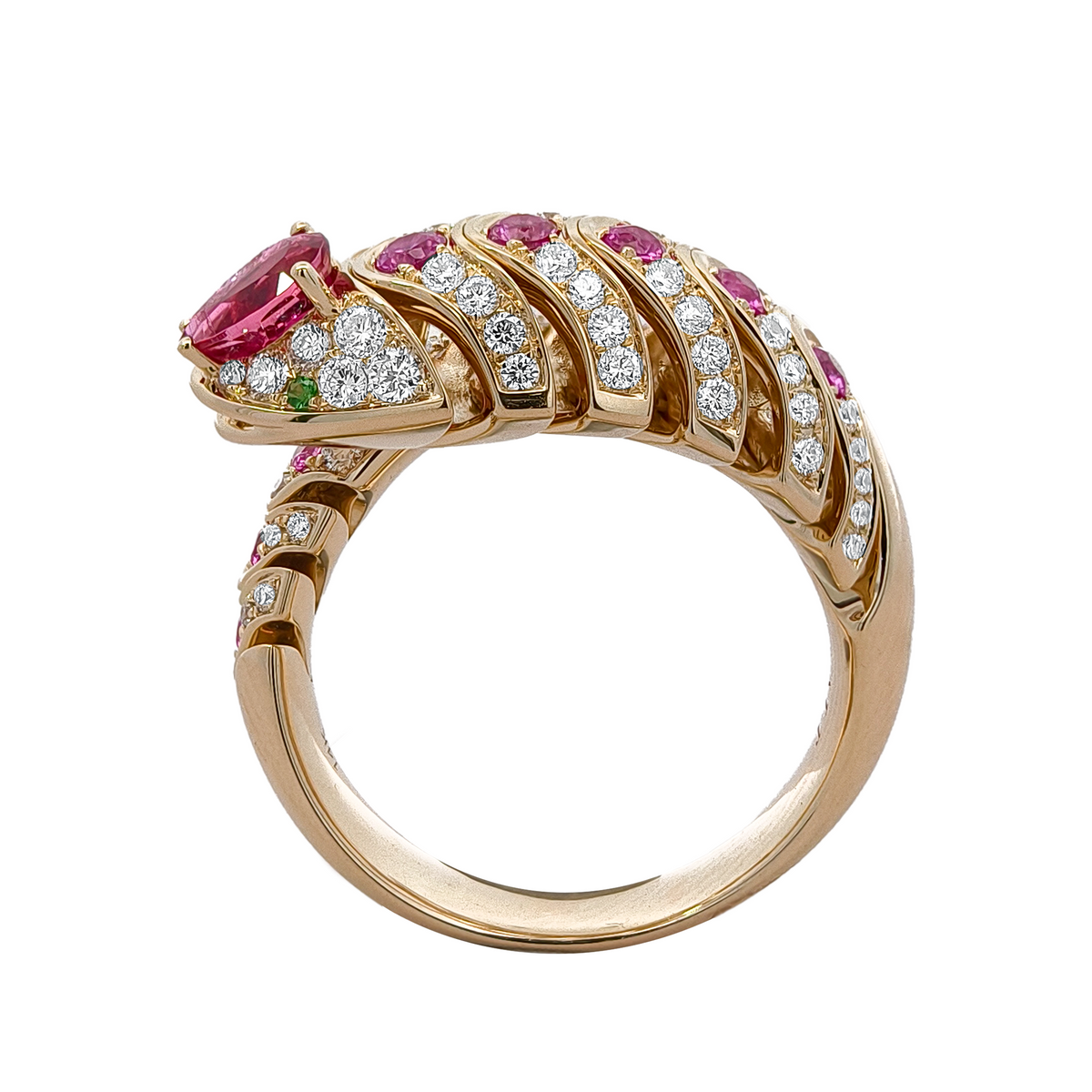 18K Yellow Gold & Black Rhodium, Pink Tourmaline, Pink Sapphire, Tsavorite & Diamond Ring