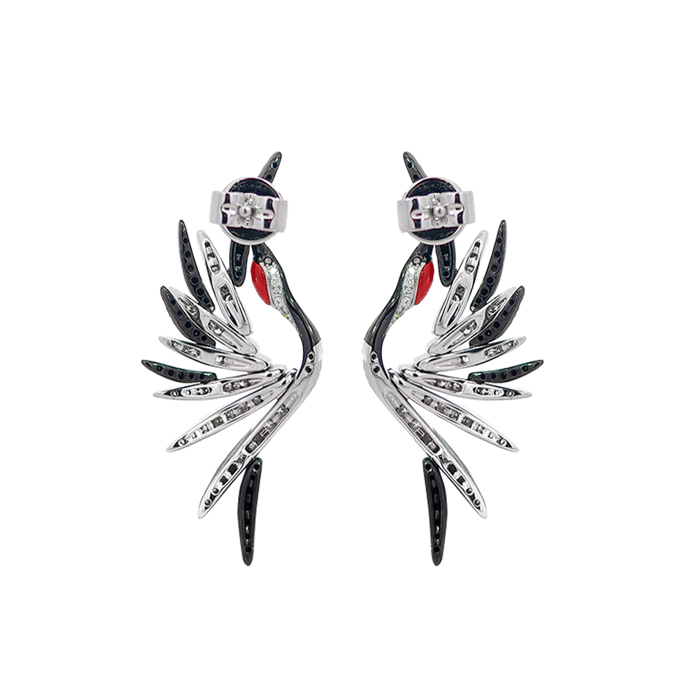 18KT White Gold Aether Red-crowned Crane Earrings with Red Coral & Diamonds