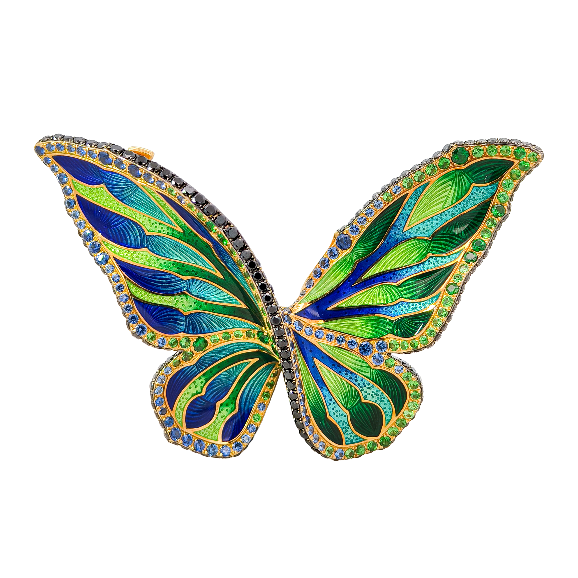 18K Yellow Gold Butterfly Brooch with Enamel, Sapphire, Tsavorite & Black Diamond