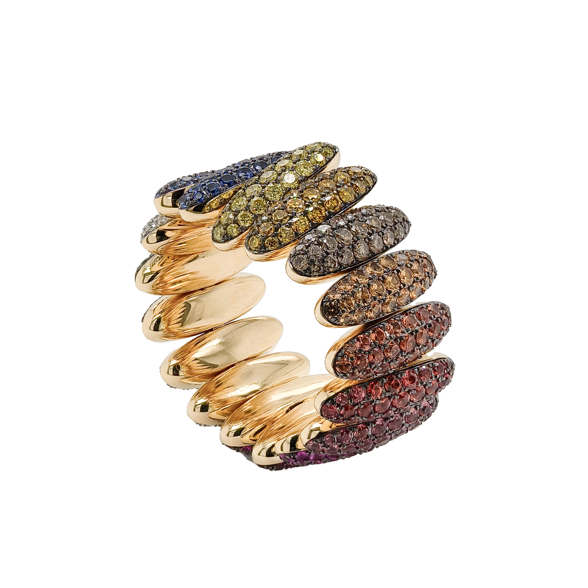 18KT Yellow Gold with Black Rhodium & White Rhodium, Ruby, Sapphire, Tsavorite & Diamond Ring