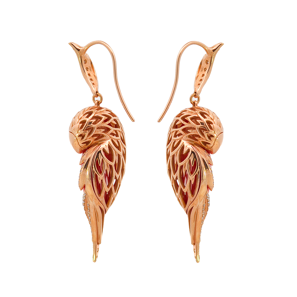 18KT Rose Gold Tropic Parrot Earrings with Red Coral, Ruby & Diamonds