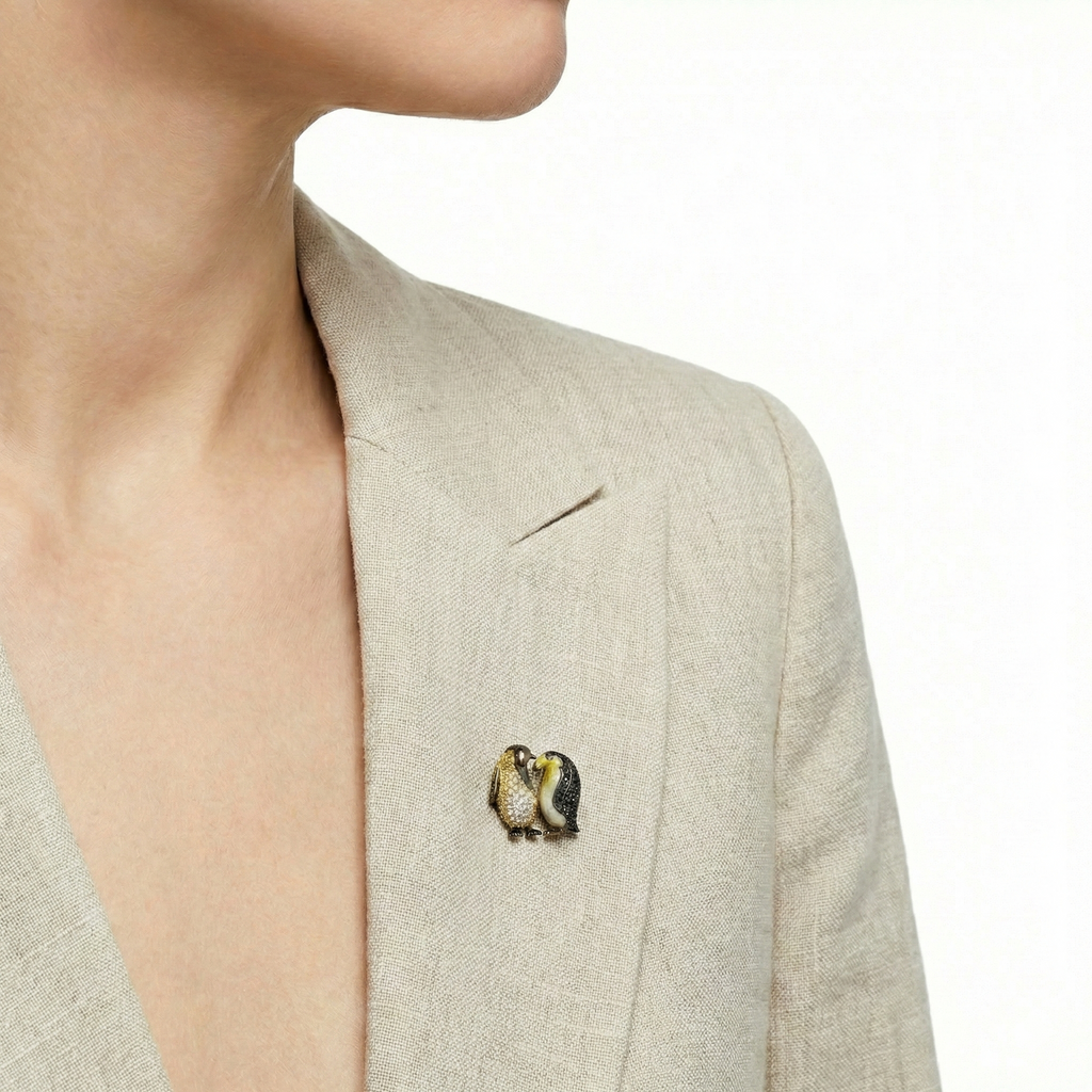 18KT Yellow Gold Duet Lovebirds Brooch with Yellow Sapphires, Diamonds & Enamel