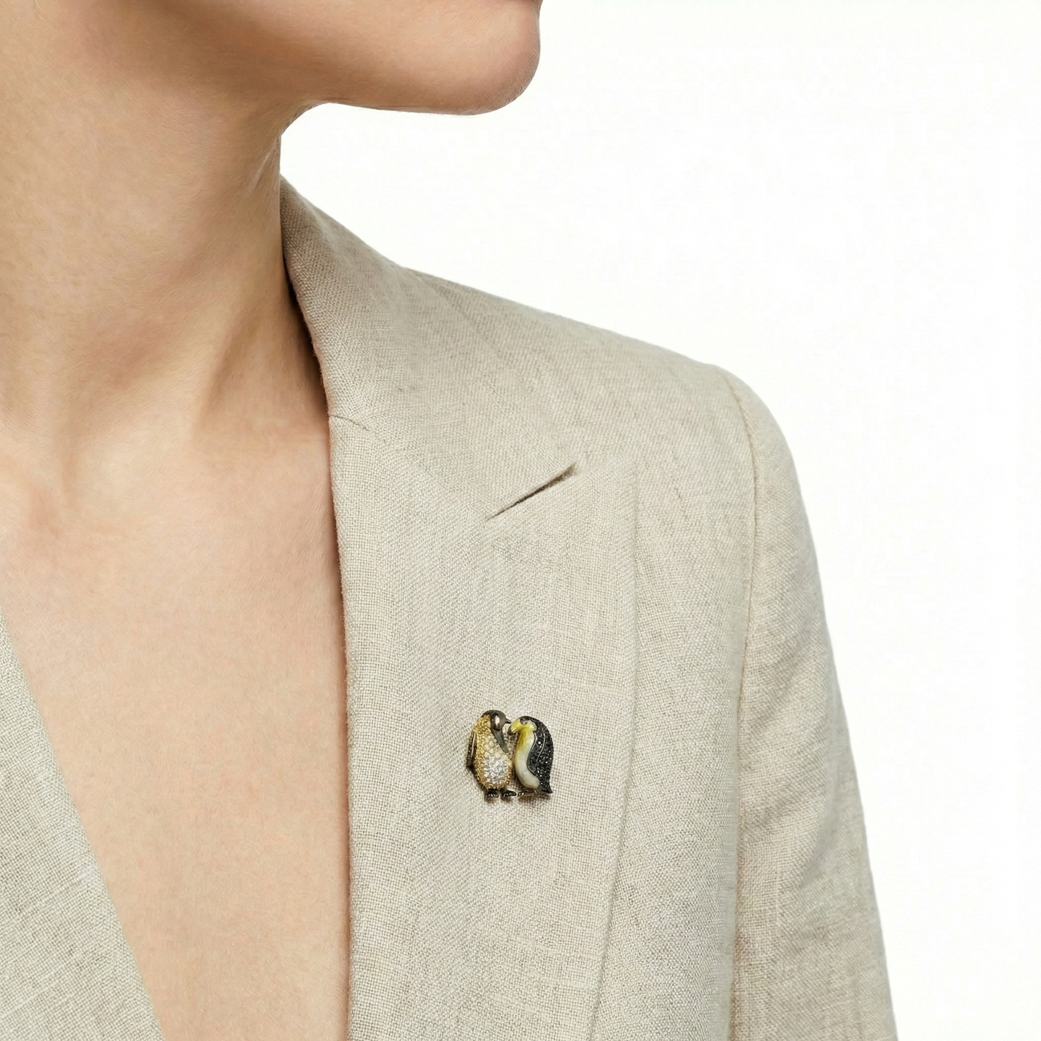 18KT Yellow Gold Duet Lovebirds Brooch with Yellow Sapphires, Diamonds & Enamel