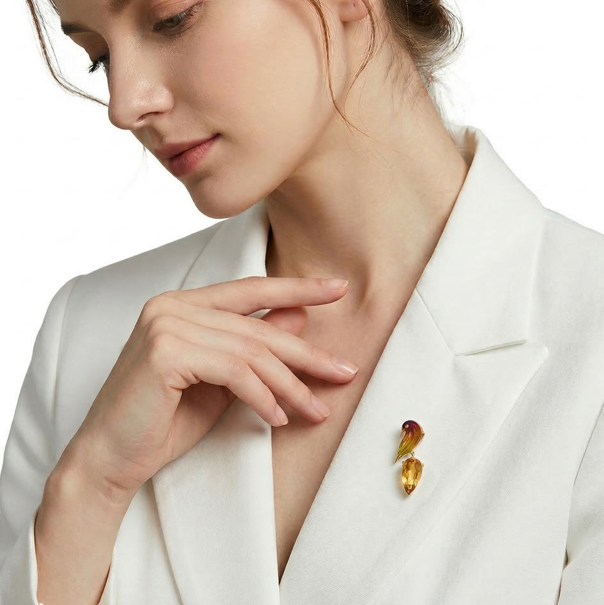 18KT Yellow Gold Enamel, Citrine & Yellow Diamond Brooch